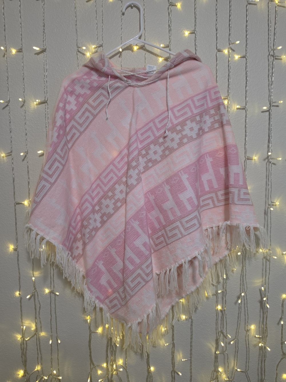 New Pink Alpaca Pattern Hooded Poncho From Peru Size M